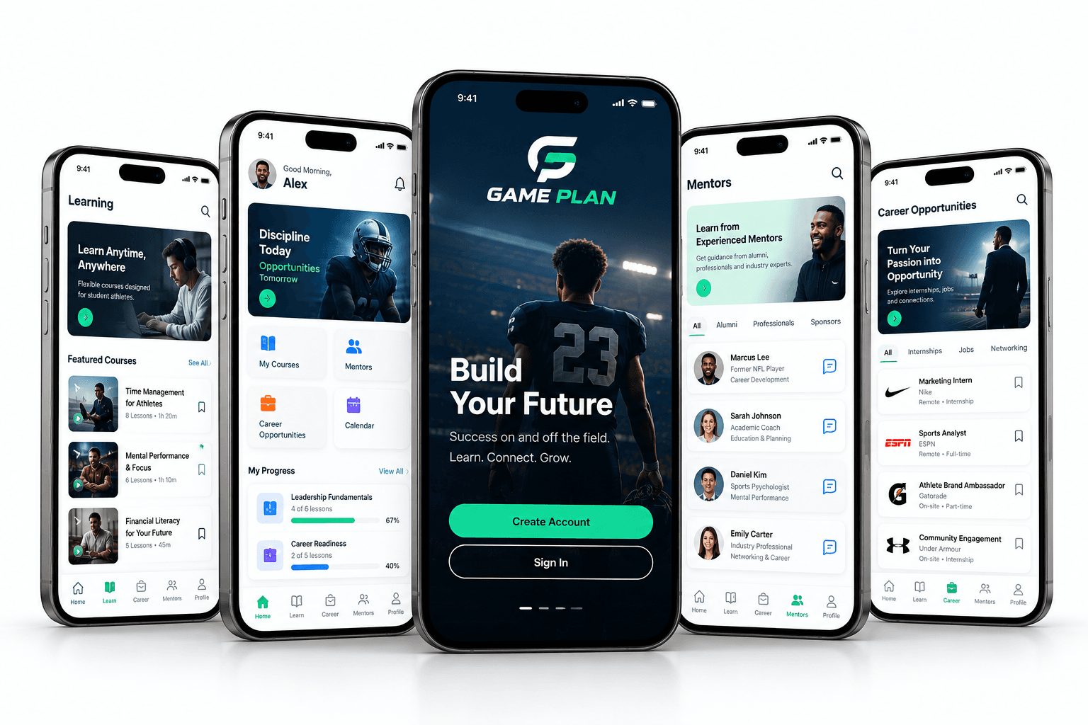 Game Plan mobile application screens for student athletes