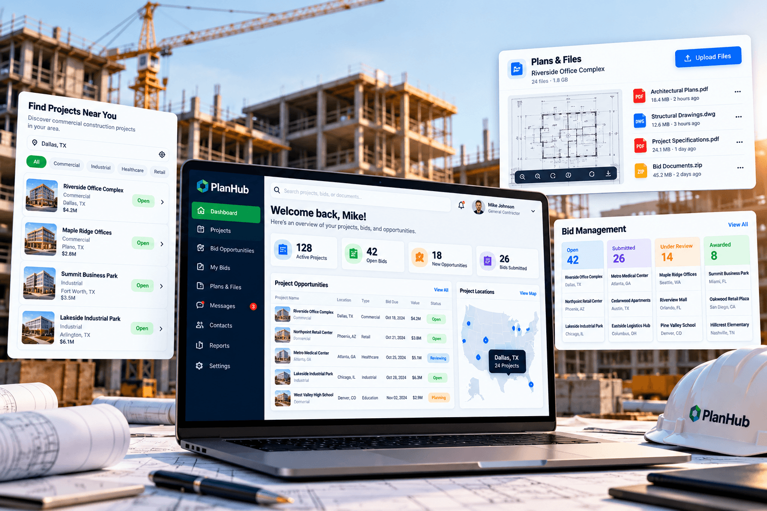 PlanHub construction project and bid management dashboard