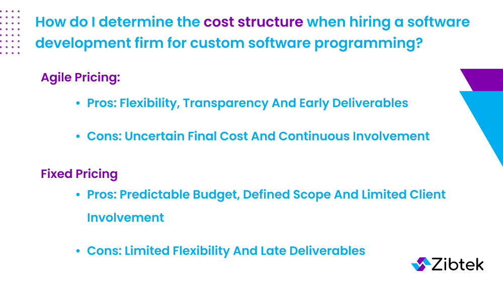How do I determine the cost structure when hiring a software development firm for custom software programming